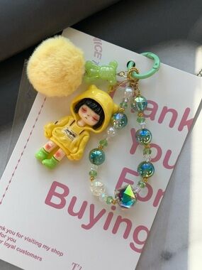 Yellow Hooded Doll Keychain with Pom Pom & Beaded Charm